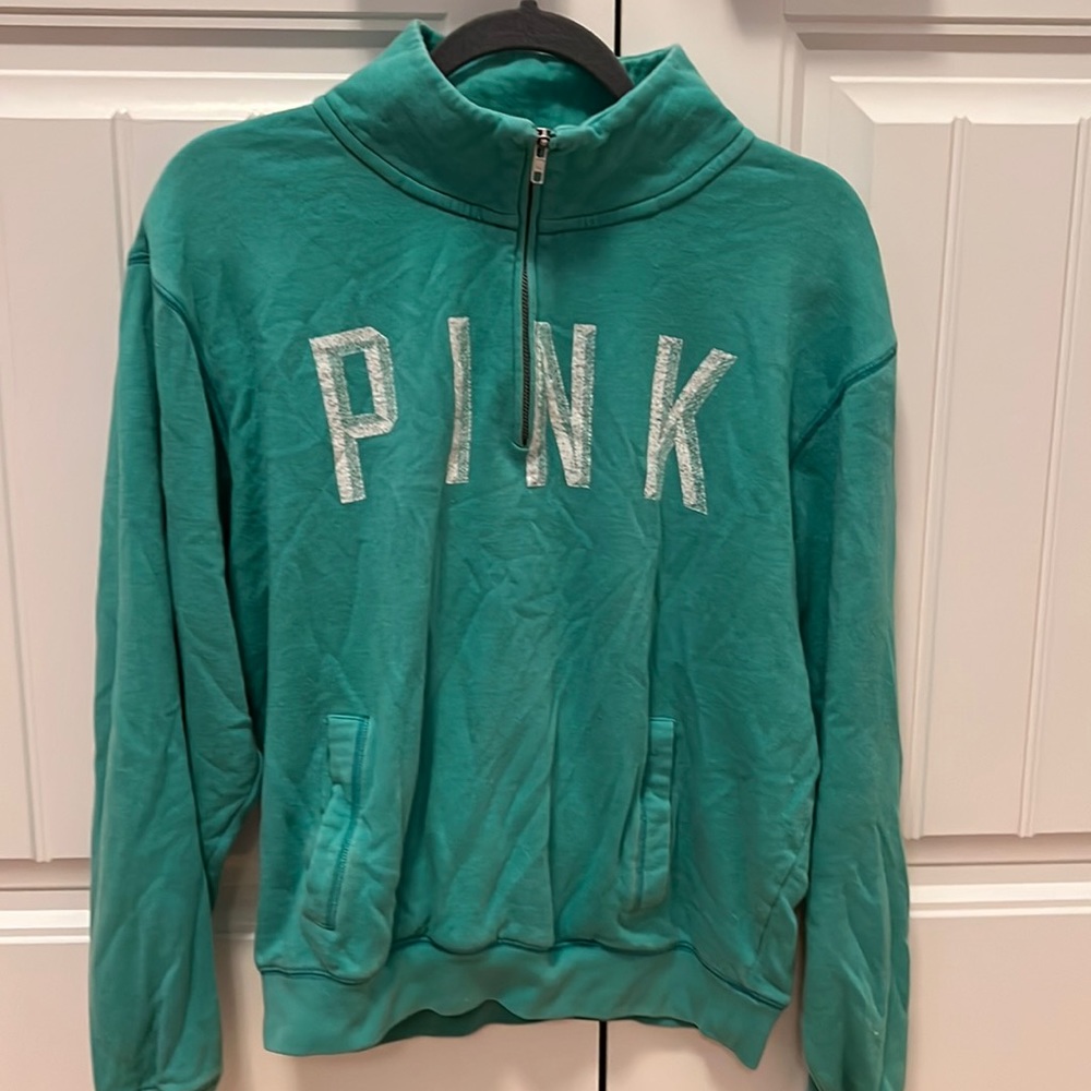 PINK - green 1/4 zip green sweatshirt